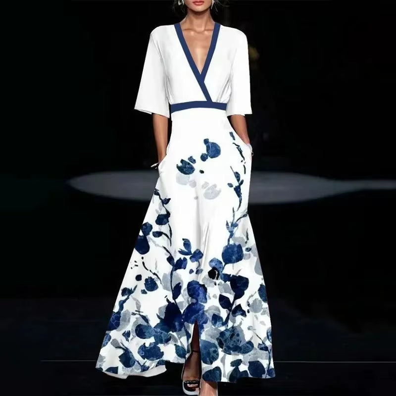 Deep V-Neck Belted Print Dress